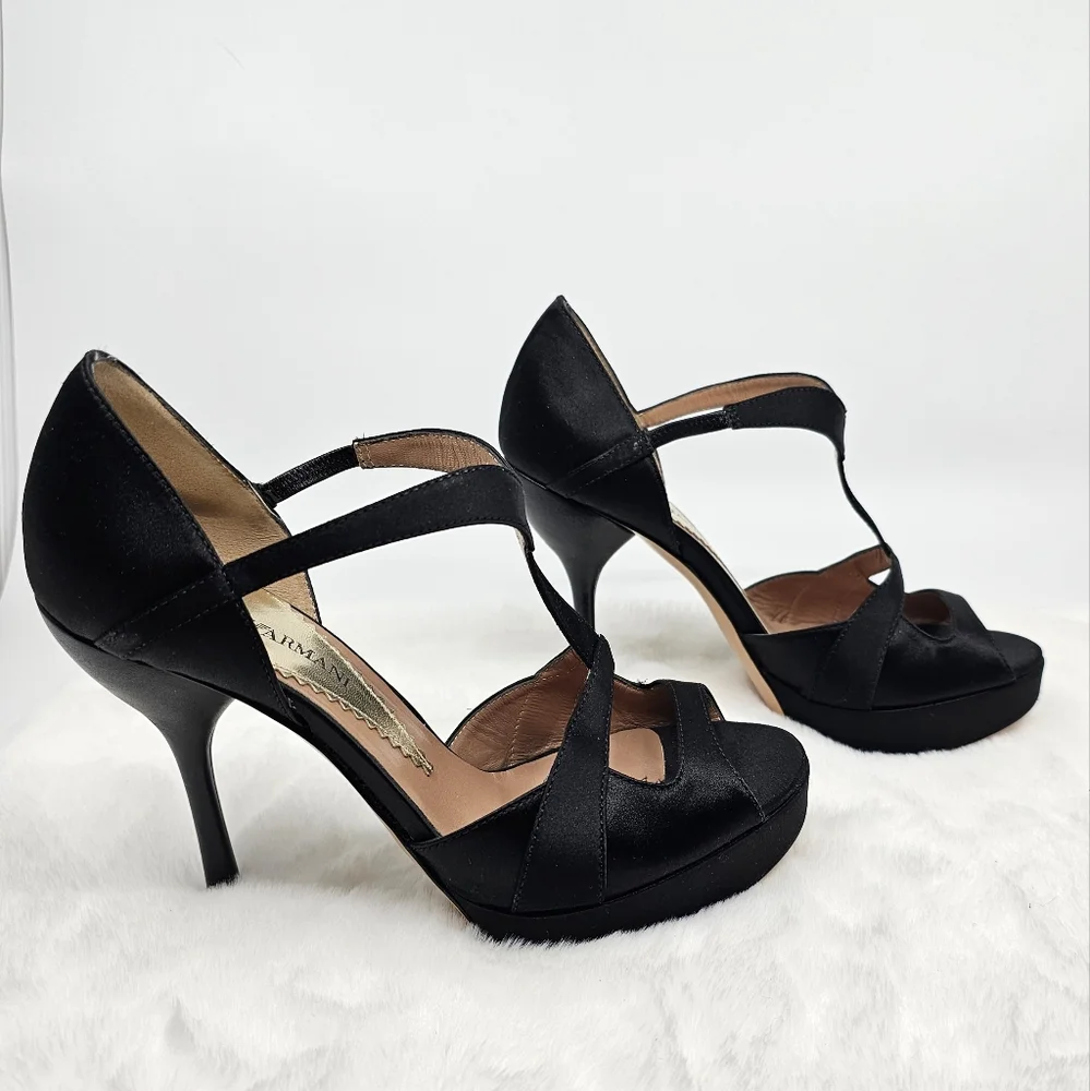 Emporio Armani black evening satin peep toe strappy slip on high heels 5.5 - Picture 2 of 12